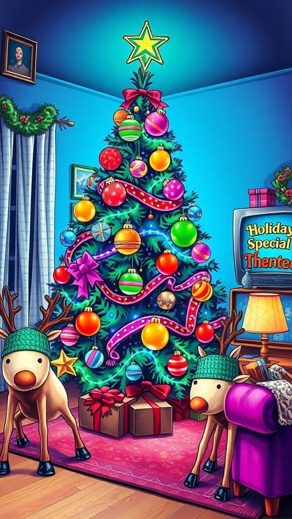 A retro 80s Christmas scene with a neon tree, playful reindeer, and a festive living room.